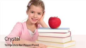  Presentation with tan book stack stacks of books - Beautiful PPT theme featuring girl with stack of books backdrop and a  colored foreground