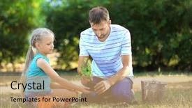  Presentation with teacher - Slides having girl with teacher planting sapling background and a coral colored foreground