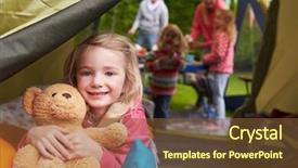  Presentation with campsite - PPT layouts enhanced with girl with teddy bear enjoying camping holiday on campsite background and a tawny brown colored foreground