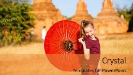  Presentation with ancient temples - Slide set having girl with traditional burmese parasol background and a gold colored foreground