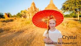  Presentation with ancient temples - Audience pleasing presentation design consisting of girl with traditional burmese parasol backdrop and a  colored foreground