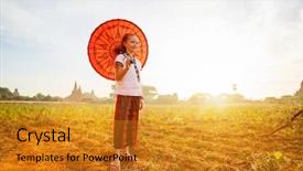  Presentation with ancient temples - Cool new PPT theme with girl with traditional burmese parasol backdrop and a  colored foreground