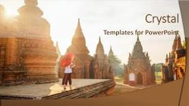  Presentation with ancient temples - Slide set enhanced with girl with traditional burmese parasol background and a sky blue colored foreground
