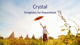  Presentation with ancient temples - Amazing presentation design having girl with traditional burmese parasol backdrop and a  colored foreground