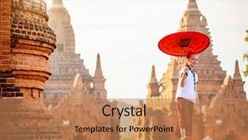  Presentation with ancient temples - Audience pleasing presentation design consisting of girl with traditional burmese parasol backdrop and a  colored foreground