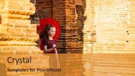  Presentation with ancient temples - Presentation theme consisting of girl with traditional burmese parasol background and a gold colored foreground