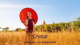  Presentation with group of three young girl - Presentation with girl with traditional burmese parasol background and a  colored foreground