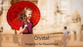  Presentation with ancient temples - Colorful presentation theme enhanced with girl with traditional burmese parasol backdrop and a coral colored foreground