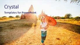  Presentation with ancient temples - Presentation theme having girl with traditional burmese parasol background and a sky blue colored foreground
