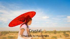  Presentation with ancient temples - Audience pleasing presentation consisting of girl with traditional burmese parasol backdrop and a yellow colored foreground