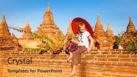  Presentation with ancient temples - Presentation theme featuring girl with traditional burmese parasol background and a gold colored foreground