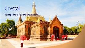  Presentation with ancient temples - Presentation theme with girl with traditional burmese parasol background and a sky blue colored foreground