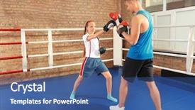  Presentation with boxing ring - Slide set with girl with trainer on boxing background and a  colored foreground