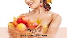  Presentation with autumn leaves - Colorful theme enhanced with girl with wreath of autumn leaves holding basket with fruit backdrop and a coral colored foreground