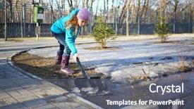  Presentation with snow shovel - PPT layouts featuring girl works with shovel background and a gray colored foreground
