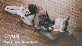  Presentation with filter - Audience pleasing theme consisting of girl writing in notebook and boy with a laptop sitting and studying on a floor vintage filter backdrop and a coral colored foreground