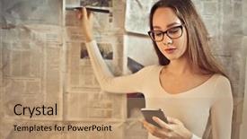  Presentation with newspapers - Presentation theme featuring girl writing on newspapers background and a coral colored foreground