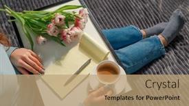  Presentation with coffee cup - Cool new presentation theme with girl-writing-wish-list backdrop and a coral colored foreground