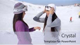  Presentation with helping others two hands woman - Audience pleasing PPT layouts consisting of girlfirends - two stylish young woman chatting backdrop and a  colored foreground