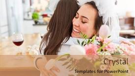  Presentation with bride - Audience pleasing slide deck consisting of girlfriend-congratulates-bride-with-bridal backdrop and a coral colored foreground