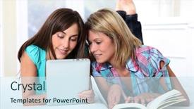  Presentation with electronic - Beautiful presentation theme featuring girlfriends reading book on electronic backdrop and a sky blue colored foreground
