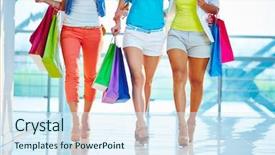  Presentation with three - Theme featuring girlfriends with paperbags walking down background and a sky blue colored foreground