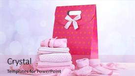  Presentation with baby clothes - Presentation design featuring baby clothes and gift bag background and a pink colored foreground