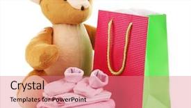  Presentation with baby clothes - Theme consisting of teddy bear stack - baby clothes and gift bag background and a coral colored foreground