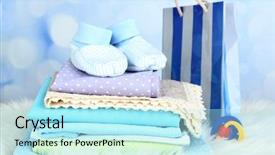  Presentation with baby clothes - Audience pleasing PPT theme consisting of baby clothes and gift bag on bright background backdrop and a arctic colored foreground