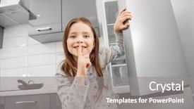  Presentation with fridge - PPT layouts having portrait of a cute girl standing near the fridge in the kitchen childhood kid's fashion background and a gray colored foreground