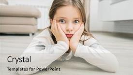  Presentation with childhood - PPT theme having pretty thoughtful little girl is background and a light gray colored foreground