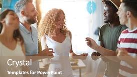  Presentation with dinner party - PPT theme having girls and guys enjoying dance background and a coral colored foreground