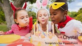  Presentation with little girls birthday - Colorful PPT layouts enhanced with girls blowing together birthday candles backdrop and a coral colored foreground