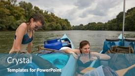  Presentation with swimming beautiful girl swims underwater - Presentation design consisting of girls-canoeing-swimming background and a teal colored foreground