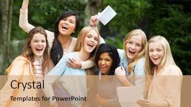  Presentation with exam results - Cool new PPT theme with girls celebrating successful exam results backdrop and a coral colored foreground