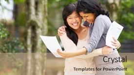  Presentation with exam results - Colorful presentation theme enhanced with girls celebrating successful exam results backdrop and a coral colored foreground