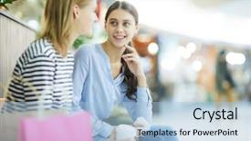  Presentation with modern trade - Amazing PPT theme having girls chatting in large modern backdrop and a light blue colored foreground