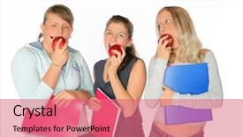  Presentation with teenage - Slide set enhanced with girls eating apples when holdinh background and a  colored foreground