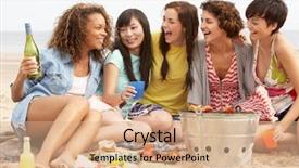  Presentation with bbq - Presentation having girls enjoying barbeque on beach background and a coral colored foreground