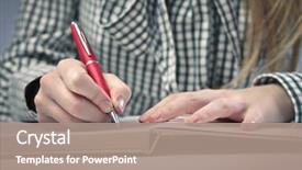  Presentation with writing pen - Presentation theme having girl's hands writing background and a coral colored foreground