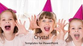  Presentation with birthday party - Beautiful PPT theme featuring girls having fun at birthday backdrop and a coral colored foreground