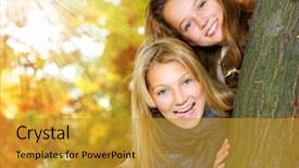  Presentation with teenage - Cool new PPT theme with girls having fun in autumn backdrop and a gold colored foreground