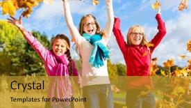  Presentation with fall leaves - Audience pleasing presentation theme consisting of girls having fun throwing fall or autumn leaves in park backdrop and a gold colored foreground