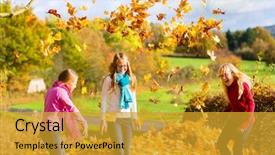  Presentation with fall leaves - Audience pleasing presentation theme consisting of girls having fun throwing fall or autumn leaves in park backdrop and a gold colored foreground