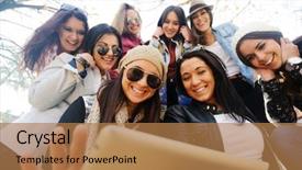  Presentation with teen girls - Colorful presentation design enhanced with girls having good fun time backdrop and a coral colored foreground