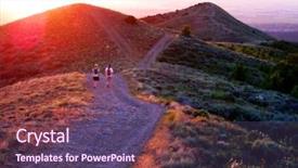  Presentation with hiking mountain - PPT theme having girls hiking along a mountain at sunrise or sunset background and a violet colored foreground