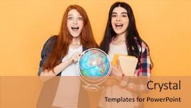  Presentation with young children at school - PPT theme enhanced with girls holding copybooks and earth background and a yellow colored foreground
