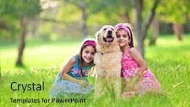  Presentation with dog park - Colorful presentation theme enhanced with girls hugging golden retriever dog backdrop and a yellow colored foreground