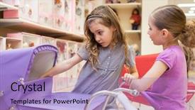  Presentation with toy - Beautiful slides featuring girls in a toy store backdrop and a light blue colored foreground