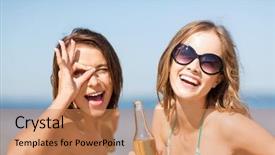  Presentation with holidays - Colorful presentation theme enhanced with girls in bikinis with drinks backdrop and a coral colored foreground